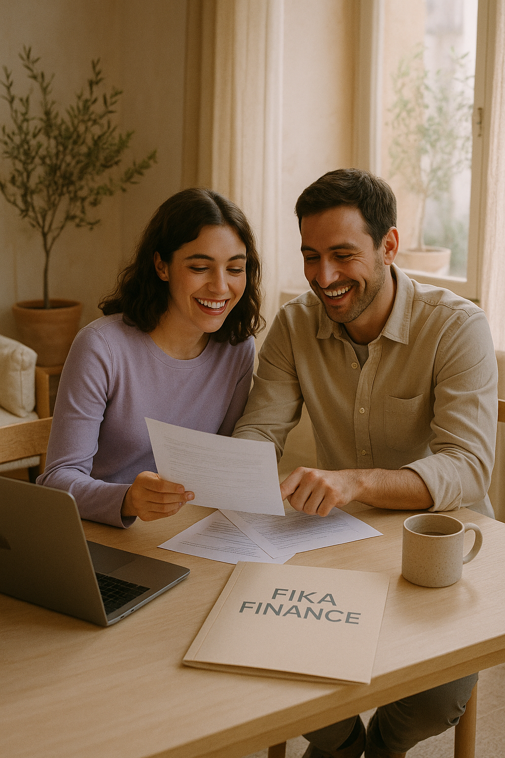 Pareja joven revisando la oferta de su hipoteca en casa